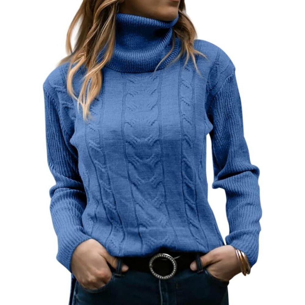 Womens Blue Pull On Cable Knit Turtleneck Long Sleeve Casual Warm Sweaters
